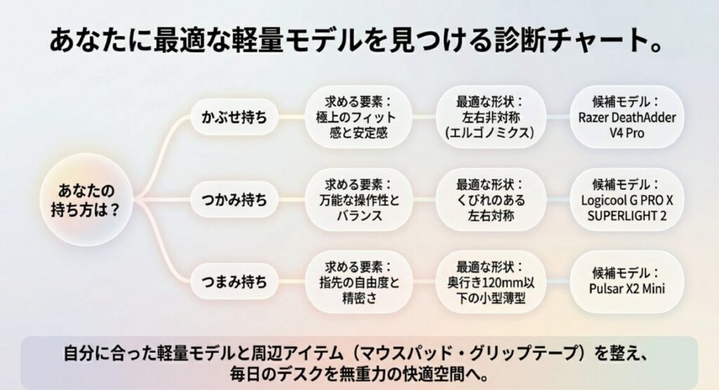 持ち方から最適な形状・候補モデルを導き出すフローチャート。マウスパッドやテープ等の周辺環境整備の推奨