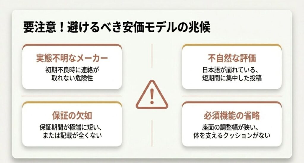 実態不明なメーカー、不自然な評価、保証の欠如、座面調整幅が狭いなどの必須機能省略への注意喚起 。