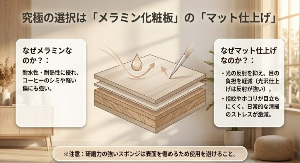 傷やシミに強いメラミン化粧板と、光の反射を抑えて指紋が目立ちにくいマット仕上げのメリット解説 。