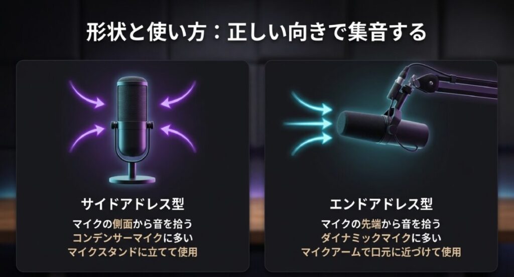 サイドアドレス型（側面から集音）とエンドアドレス型（先端から集音）の違いと、正しい使用姿勢の解説 。