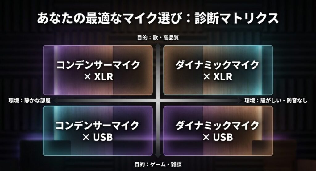 目的（歌・高品質 vs ゲーム・雑談）と環境（静か vs 騒がしい）に基づいた、最適なマイクと接続方式の組み合わせ表 。