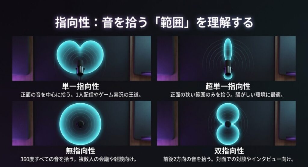 単一指向性（正面）、無指向性（360度）、超単一指向性（狭い正面）、双指向性（前後）の4つの音を拾う範囲の図解 。