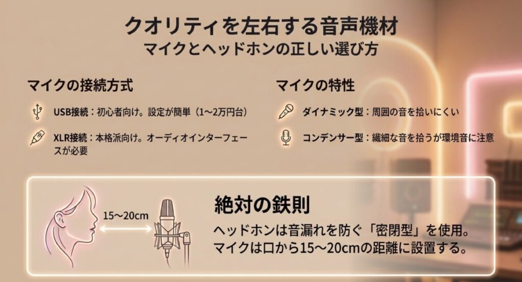 USB・XLR接続の違いと、マイクを口から15〜20cmの適切な距離に設置する「絶対の鉄則」を示す図解。