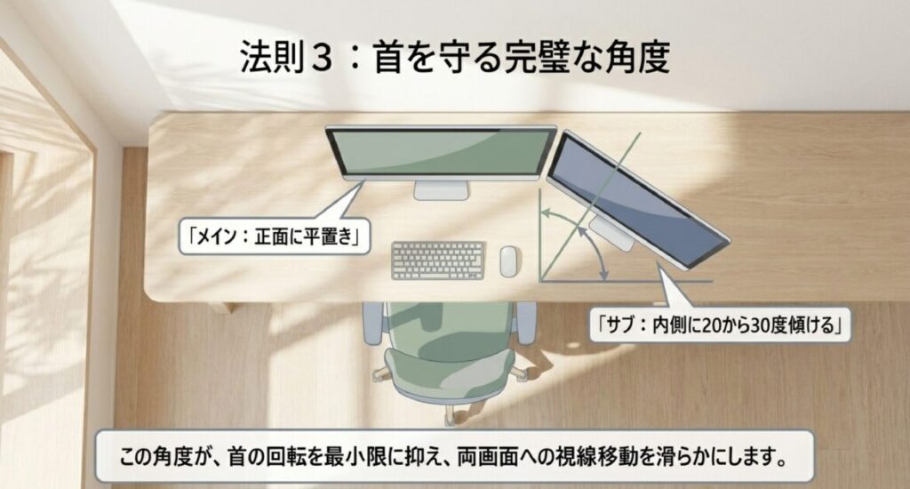 メイン画面を正面に平置きし、サブ画面を内側に20から30度傾けることで首の回転を最小限に抑える解説。
