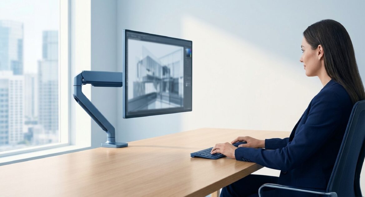 デスクでモニターアームを使用し、快適に作業する女性のイメージ。背景に高層ビルの景観。
