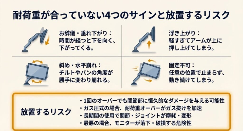 お辞儀、斜め、浮き上がり、固定不可のイラスト。放置するとガス抜けやジョイント摩耗、落下の危険性がある。