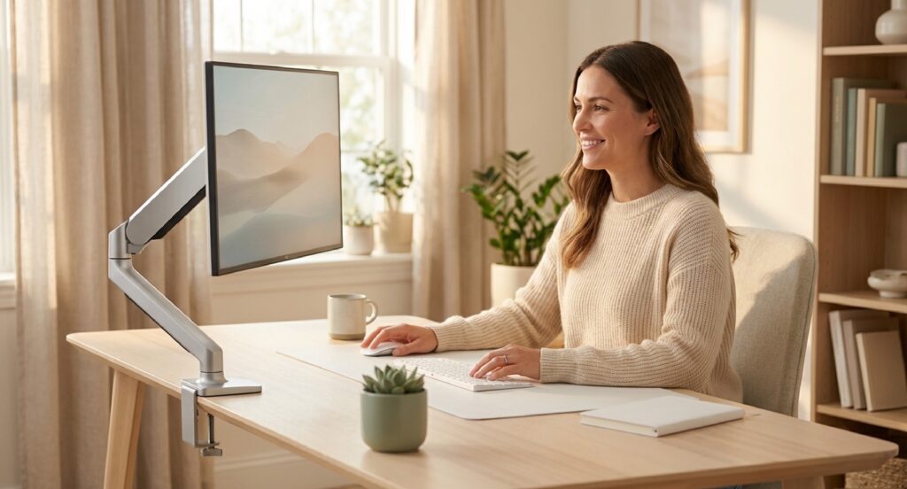 モニターアームで浮かせたディスプレイと整頓されたデスクで作業する女性