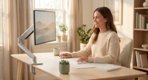 モニターアームで浮かせたディスプレイと整頓されたデスクで作業する女性