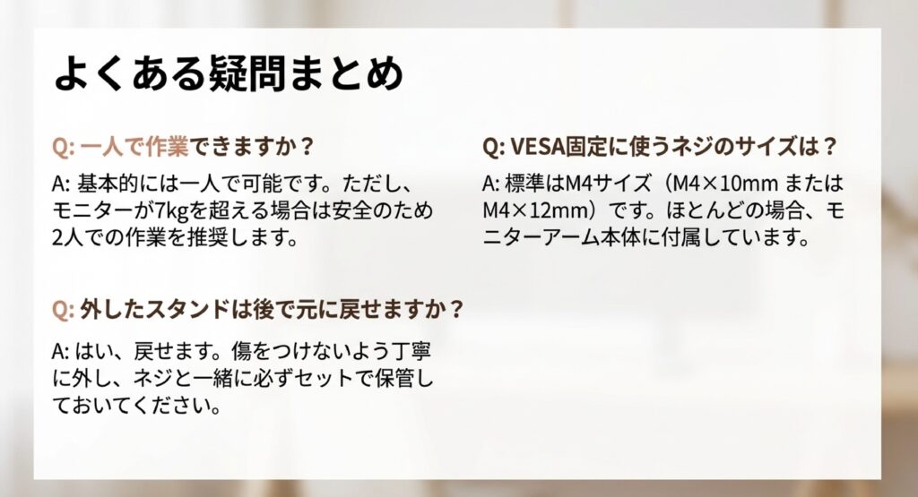 7kg以上の二人作業推奨やM4ネジサイズなど設置に関する疑問への回答