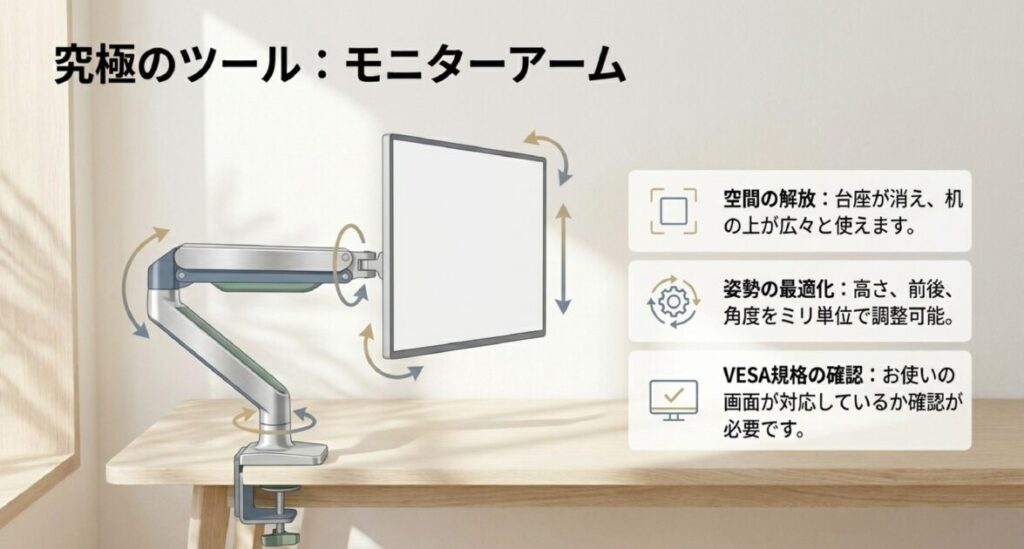 空間解放とミリ単位調整のメリット。VESA規格の確認が必須であること、天板の耐荷重等への注意。