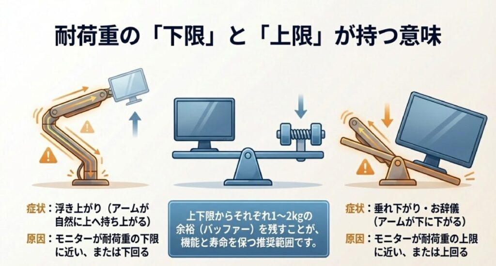 モニターが軽すぎて浮き上がる症状と、重すぎて垂れ下がる症状の解説。上下限から1〜2kgのバッファーが必要。