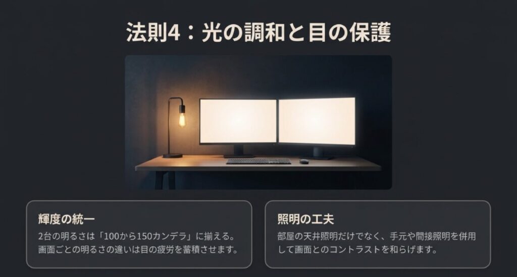 2台の明るさを100から150カンデラに統一し、間接照明を併用してコントラストを和らげるライティング案。