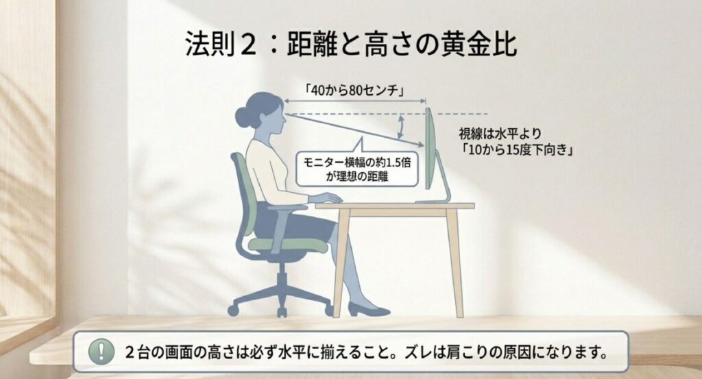 距離40〜80cm、モニター横幅の約1.5倍、視線は10〜15度下向きという数値を明示した横からの姿勢図 。