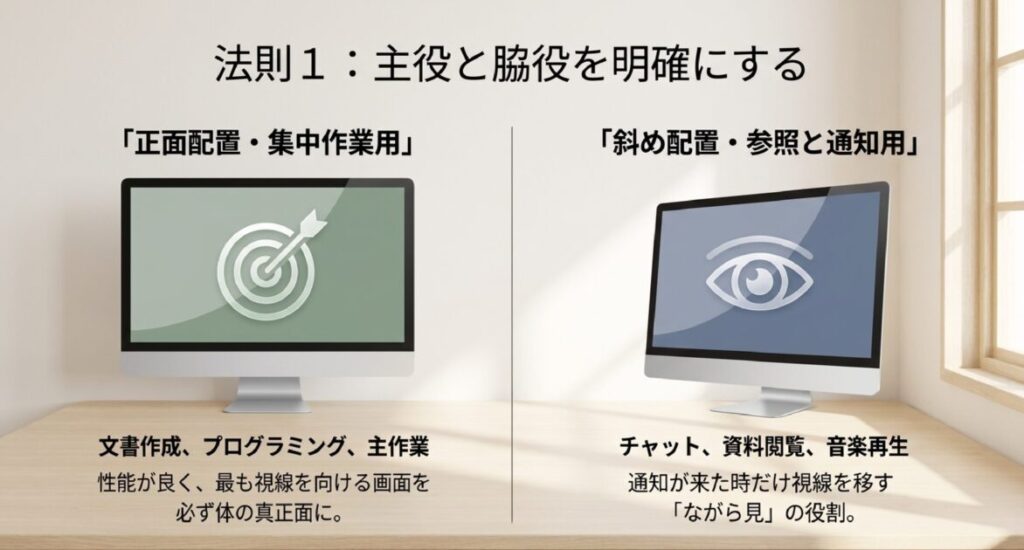 正面の「主役画面（集中作業用）」と斜めの「脇役画面（参照用）」の役割の違いをアイコンで示す図解 。