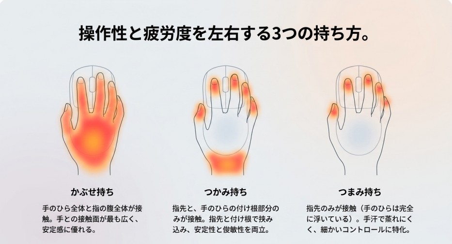 かぶせ持ち・つかみ持ち・つまみ持ちの3種類のイラストと、それぞれの特徴、左右対称・非対称の相性を解説