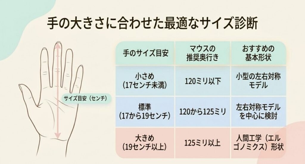 指先から手のひら中心までの長さとマウスの奥行きを比較し、適切なサイズ感を判断するためのイラスト