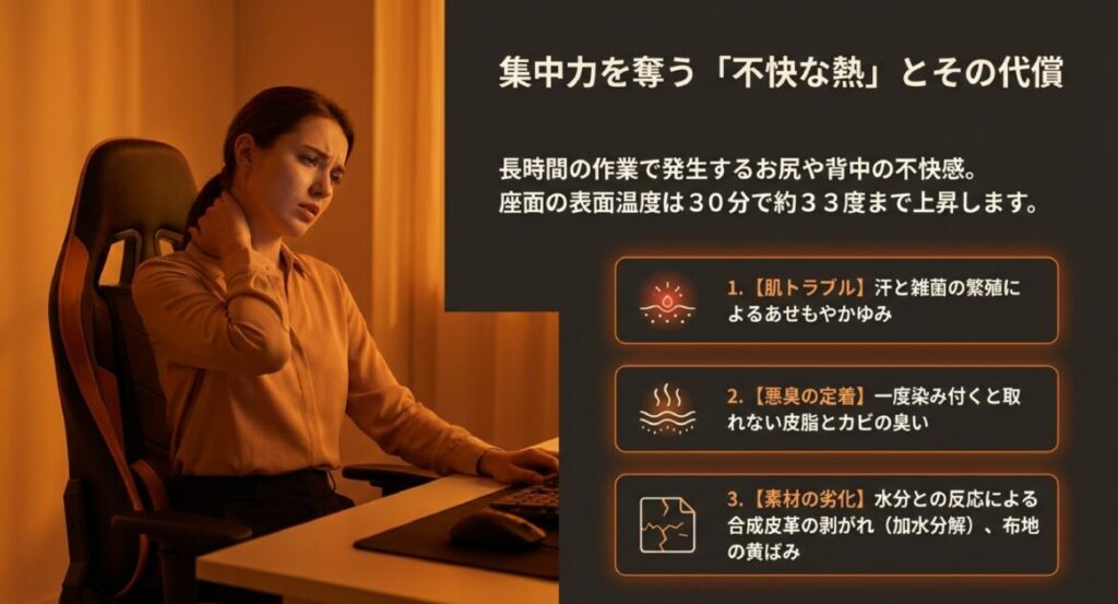 座面温度が30分で約33度まで上昇するグラフ。肌トラブル、悪臭定着、加水分解による素材劣化の3項目を解説。