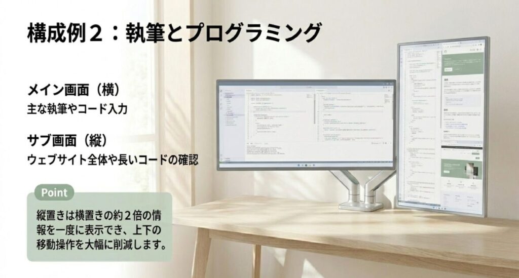 メインは横、サブを縦置きにすることで、縦長のコードや資料を横置きの約2倍表示する構成例。
