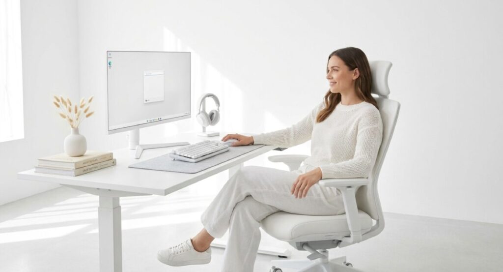 白を基調としたミニマルなデスクで作業する女性。清潔感あふれるホワイトインテリアのイメージ 。