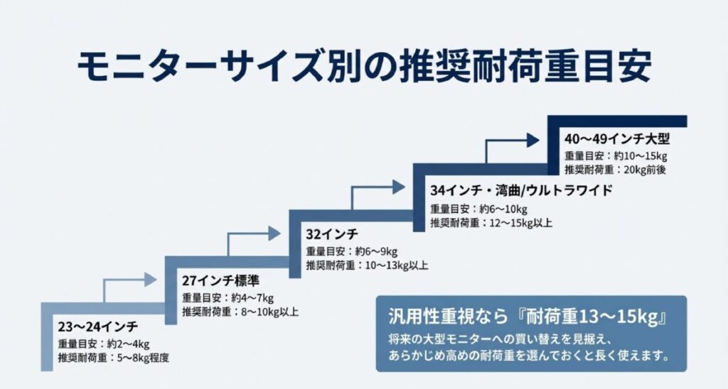 重目安表	
24インチ(5~8kg)から49インチ大型(20kg前後)までの、サイズに応じた推奨スペックのステップアップ図。