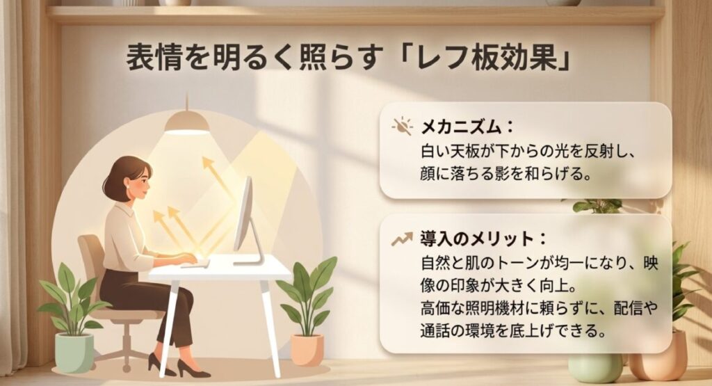 白い天板が光を反射して顔の影を和らげ、肌のトーンを均一にするメカニズムと、配信環境底上げのメリット解説 。