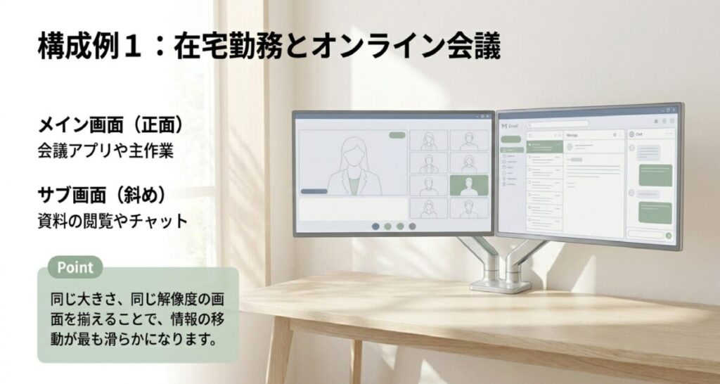 同じサイズ・解像度の画面を並べ、情報の移動を滑らかにするテレワークに最適な構成例。