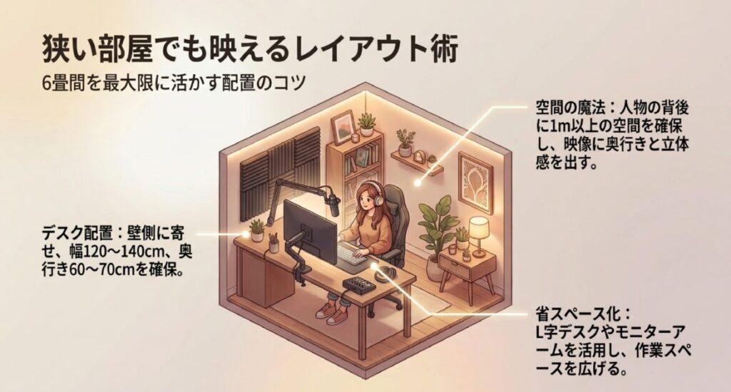 壁寄せデスク（幅120-140cm、奥行60-70cm）と背後1mの空間確保による、奥行きのあるレイアウト術。