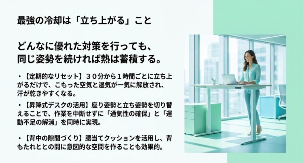 30分〜1時間ごとの立ち上がりによる熱解放。昇降式デスクや腰当てクッションによる隙間づくりの提案。