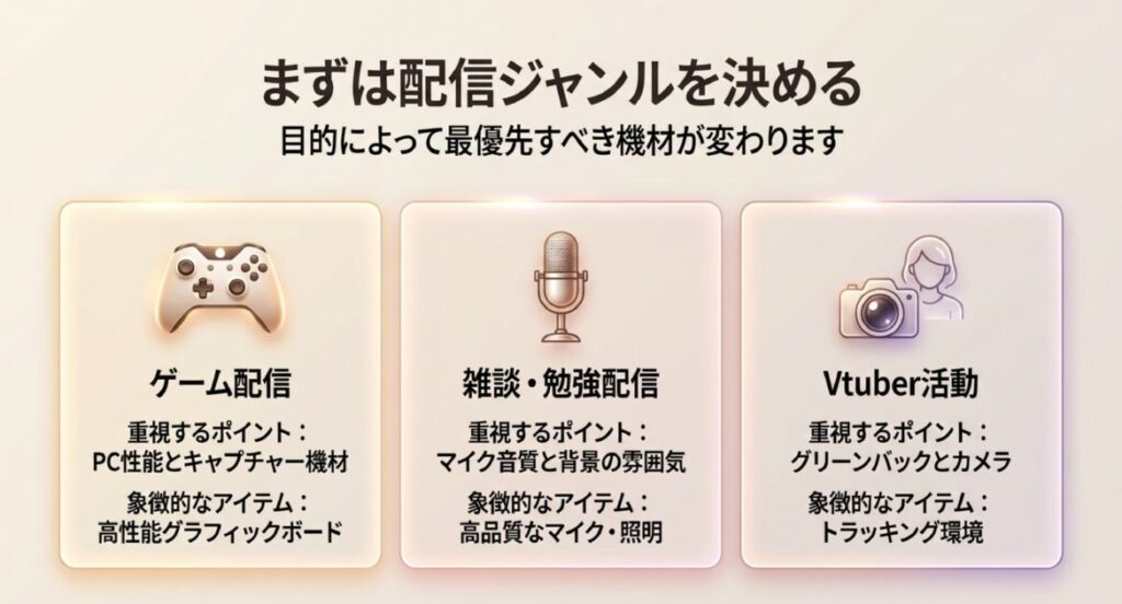 ゲーム配信（PC性能）、雑談（マイク・照明）、Vtuber（カメラ・トラッキング）のジャンル別重視ポイントの比較図。