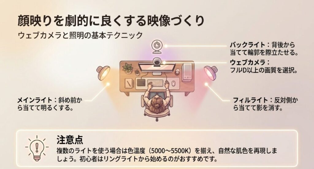 メイン、フィル、バックライトの配置と、色温度を5000〜5500Kで揃えるウェブカメラ・照明の基本テクニック。