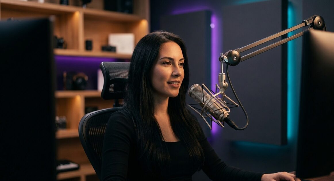 ノートPC、カメラ、専用マイクが配置された理想的なストリーマー向けデスク環境のイメージ。