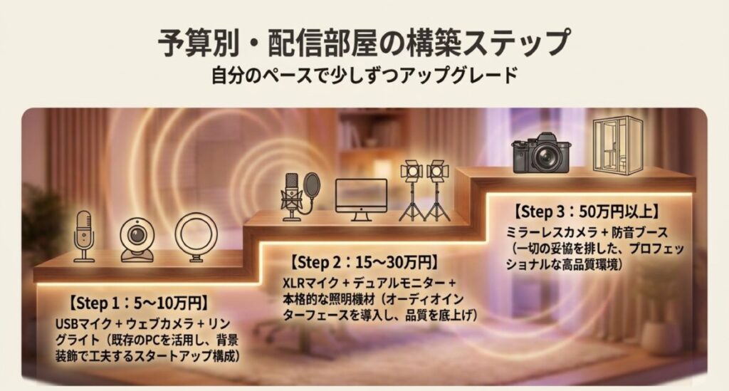 Step1（5-10万）、Step2（15-30万）、Step3（50万〜）の予算別構成と、導入すべき機材の優先順位。