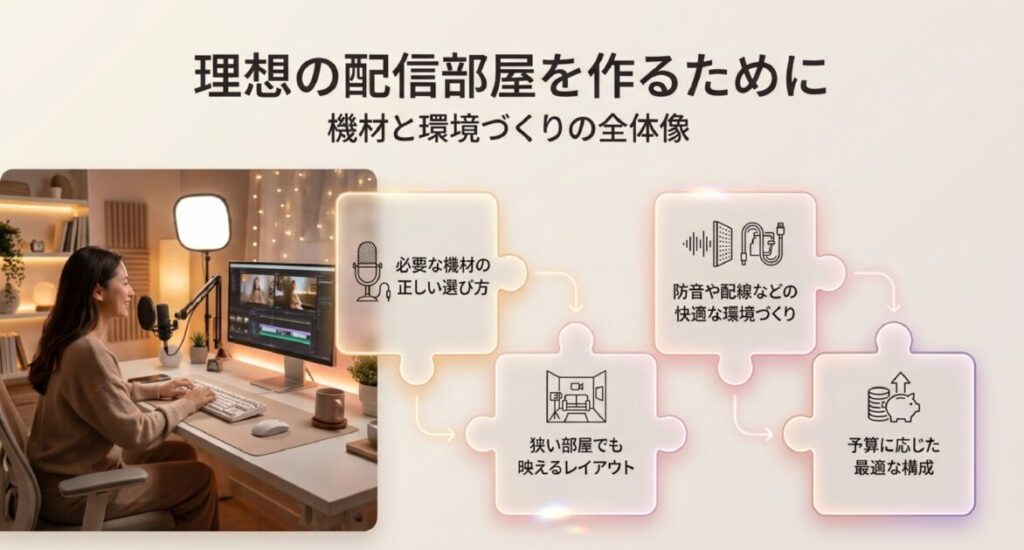 配信部屋作りに必要な機材選び、防音、配線、レイアウト、予算別構成の5項目をまとめたインデックス。