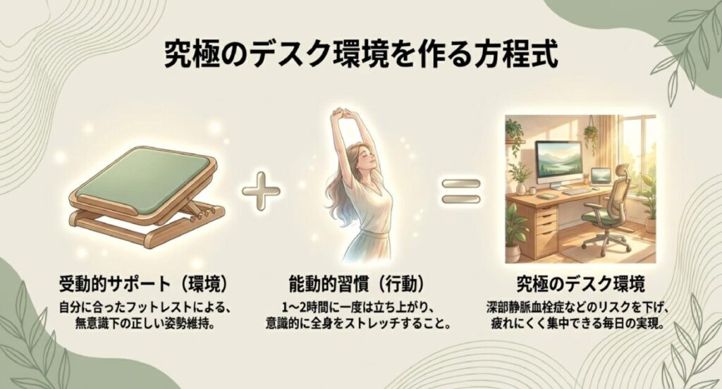 フットレスト選びの優先順位と、道具＋習慣で疲れにくい空間を実現するための3つのポイントまとめ。