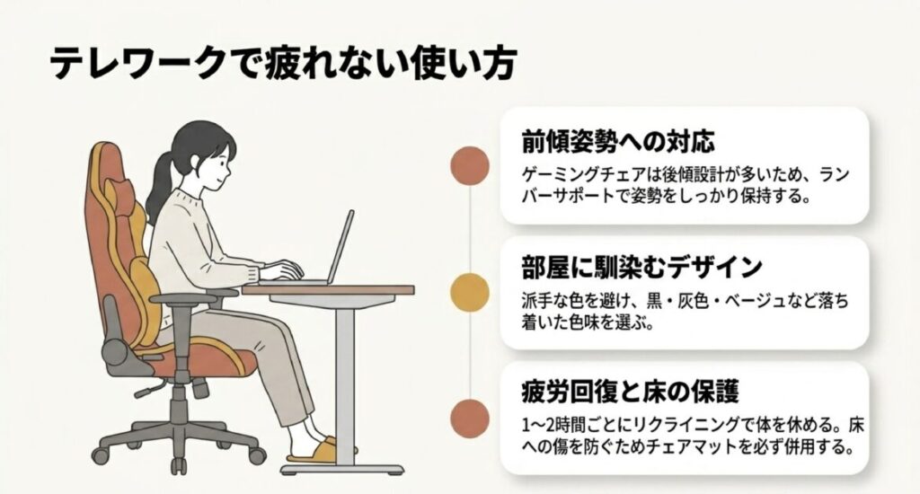 前傾姿勢を支えるランバーサポート活用、1-2時間毎の休憩、床の傷を防ぐチェアマット併用の推奨 。