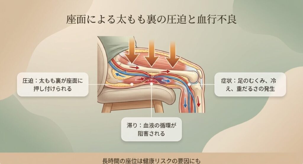 太もも裏が座面に押し付けられ血液循環が滞る様子を血管のイラストで図解。むくみや冷えの原因を強調。