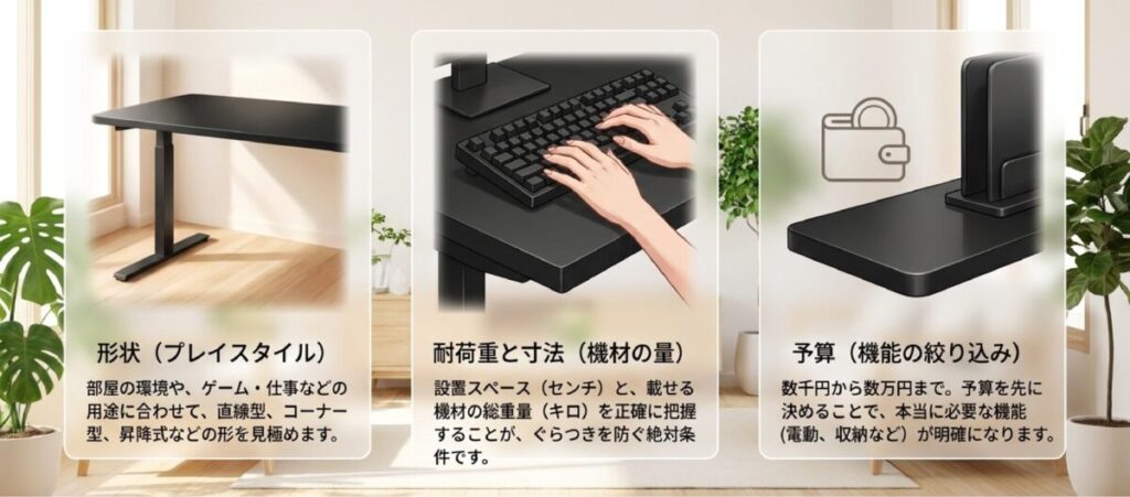 形状（プレイスタイル）、耐荷重（機材の量・kg）、予算（機能の絞り込み）を解説した3つの選定ポイント