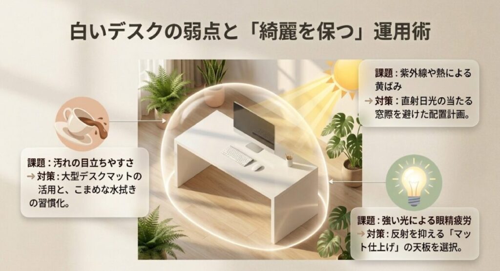 直射日光による黄ばみ対策、汚れを防ぐデスクマット活用、眼精疲労を抑えるマット仕上げ天板の選択方法 。