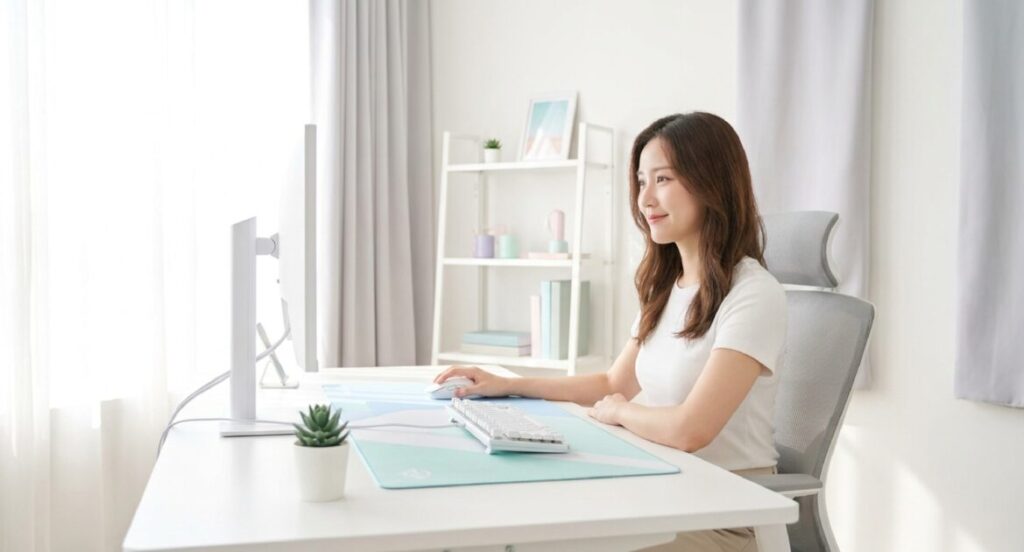 白を基調とした清潔感のあるデスクで、女性が白いゲーミングマウスとキーボードを使用している様子