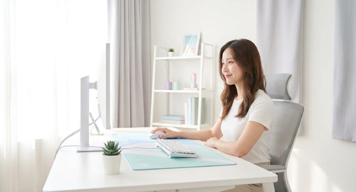 白を基調とした清潔感のあるデスクで、女性が白いゲーミングマウスとキーボードを使用している様子