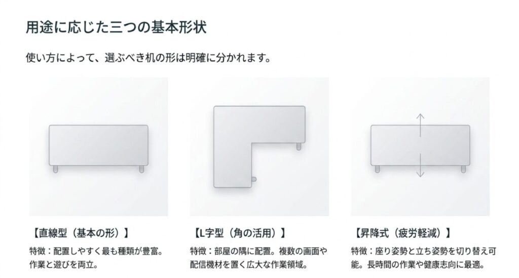 直線型（万能）、L字型（作業領域拡大）、昇降式（健康・疲労軽減）の形状別メリット解説 。