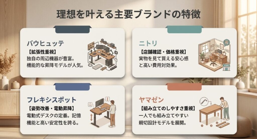 バウヒュッテ（拡張性）、ニトリ（店舗確認）、フレキシスポット（電動昇降）、ヤマゼン（組立やすさ）の比較 。