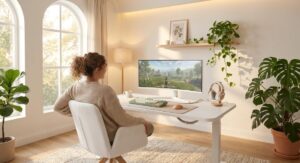 大きな窓のある明るい部屋で、白い昇降式デスクにウルトラワイドモニターを設置した、清潔感のあるデスクセットアップ 。