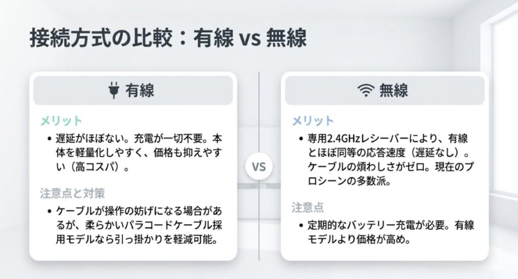 有線の低遅延・低価格と、無線のケーブルレスな快適性・2.4GHzレシーバーによる応答速度の比較表