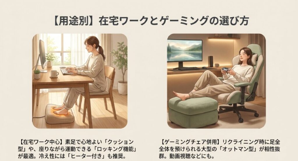 在宅にはロッキング型、ゲーミングにはリクライニング対応のオットマン型を推奨する利用シーン比較。