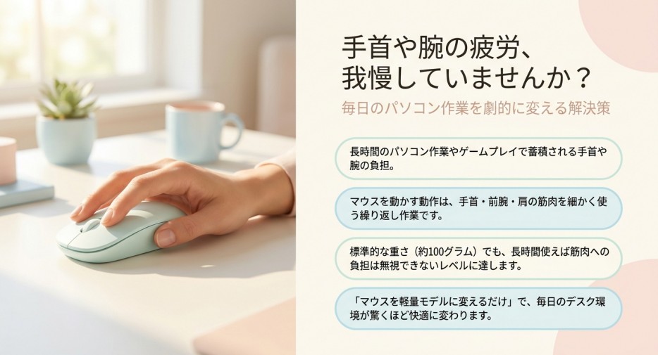 標準的な重さ約100gのマウス使用による手首・前腕・肩への負担蓄積を指摘し、軽量モデルへの変更による快適なデスク環境への改善を提案する画像