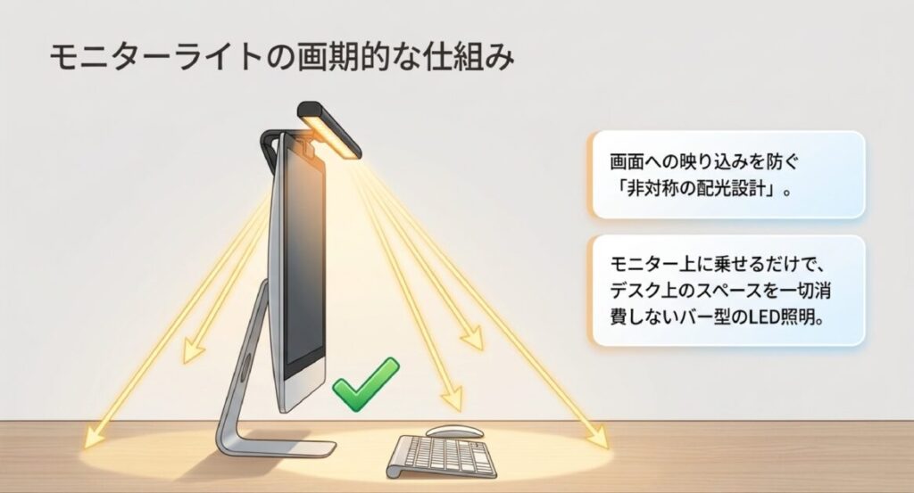 画面への映り込みを防ぐ非対称の配光設計と、スペースを消費しないバー型LED照明の構造解説