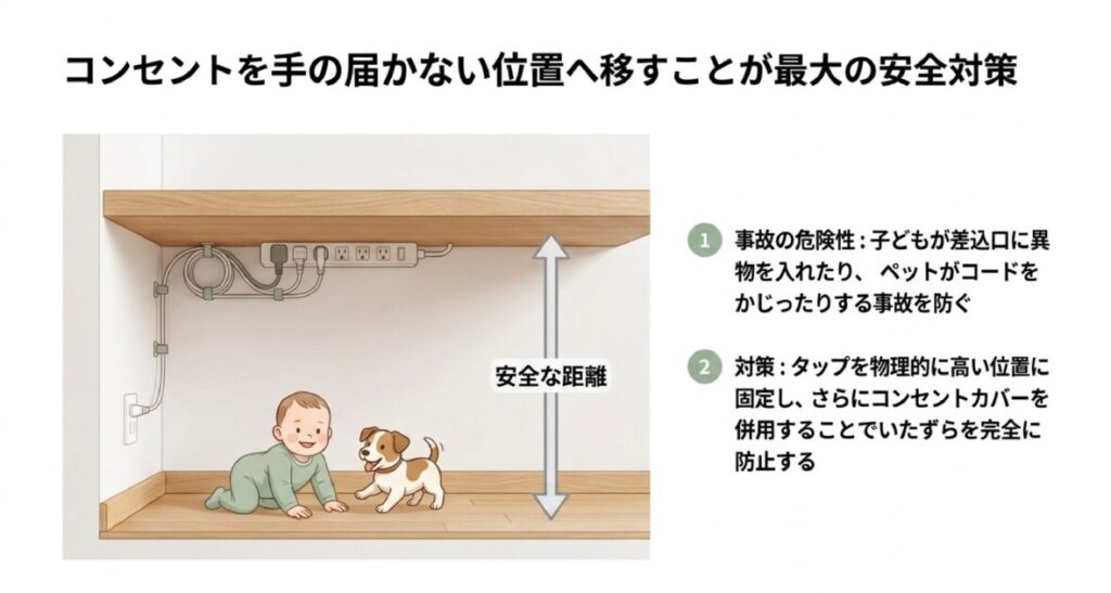 赤ちゃんや犬が届かない高い位置にタップを固定し、安全な距離を保つ解説図。