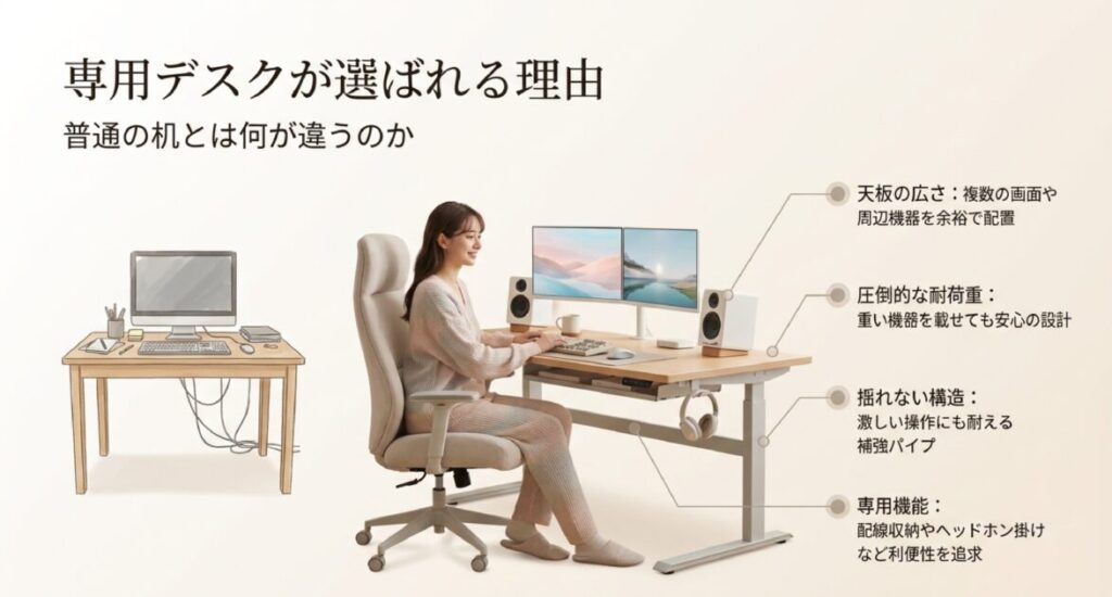 耐荷重性能、天板の広さ、配線収納、ヘッドホン掛けなどの専用機能を備えたデスクで作業する女性の様子
