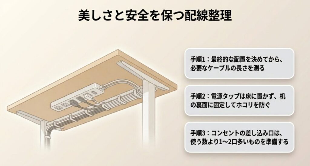 電源タップをデスク裏に固定し、ホコリを防ぎながらケーブルの長さを最適化した整理術。